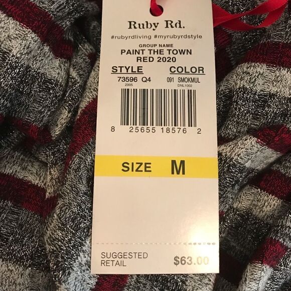 Ruby Rd Top Women Size Medium Red Metallic Striped Shark Bite Hem 3/4 Sleeve NWT - Picture 10 of 11